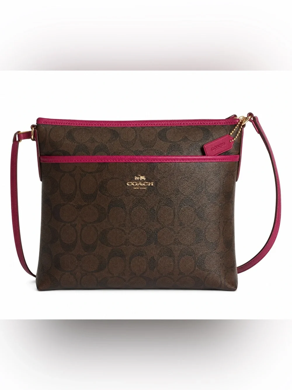 Coach Brown Signature Crossbody Pouch with Pink Trim